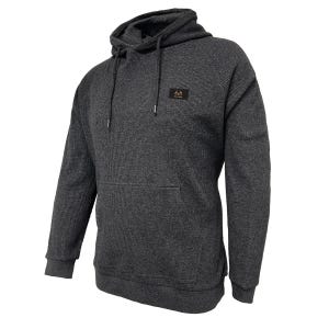 A dark gray heathered hoodie with a drawstring hood and a front pocket, featuring a small logo on the chest.