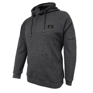A dark gray heathered hoodie with a drawstring hood and a front pocket, featuring a small logo on the chest.