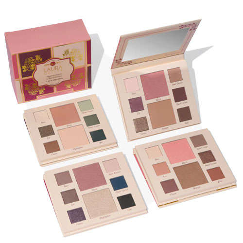 The 4-piece Laura Geller Face Palette Set includes three palettes with a variety of blushes, contour/bronzer, eyeshadows, and highlighters. Each palette has multiple shades for diverse makeup looks, housed in coordinating packaging with a built-in mirror.