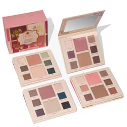 The 4-piece Laura Geller Face Palette Set includes three palettes with a variety of blushes, contour/bronzer, eyeshadows, and highlighters. Each palette has multiple shades for diverse makeup looks, housed in coordinating packaging with a built-in mirror.