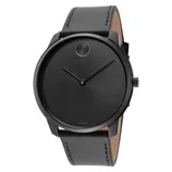 Sleek black watch with a minimalist design featuring a round face, leather strap, and a single dot at the 12 o'clock position, indicating a Movado timepiece.