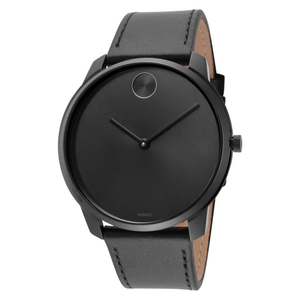 Sleek black watch with a minimalist design featuring a round face, leather strap, and a single dot at the 12 o'clock position, indicating a Movado timepiece.