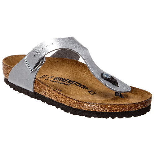 A silver thong-style sandal with a cork footbed and black rubber sole, featuring an adjustable strap and metallic toe post. Brand name Birkenstock visible on the insole.