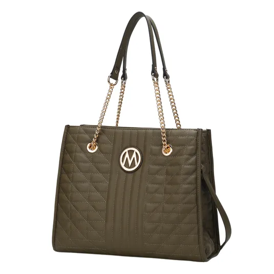 Olive green quilted handbag with gold chain straps and a circular emblem. Features include stitching detail and dual handles.