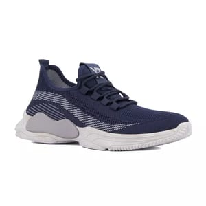 A pair of navy blue athletic sneakers with gray accents and white stitching details.