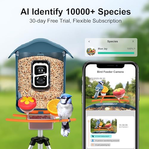 AI-powered bird feeder camera identifies over 10,000 species, with a 30-day free trial and flexible subscription.