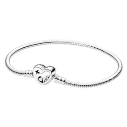 Sterling silver charm bracelet with a heart-shaped clasp featuring engraved symbols.