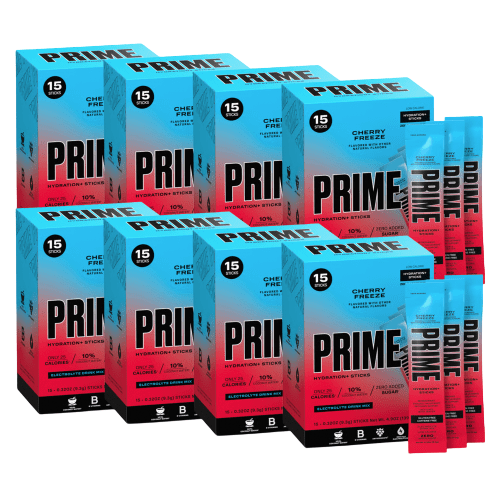 Prime Hydration Sticks in Cherry Freeze flavor, with each box containing 15 sticks, designed to mix with water. Packaging features a blue and red gradient design.