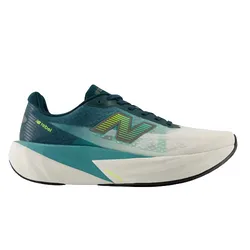 A New Balance running shoe with a teal and white color scheme, featuring the \“FuelCell\“ midsole for enhanced cushioning and the signature \“N\“ logo on the side.
