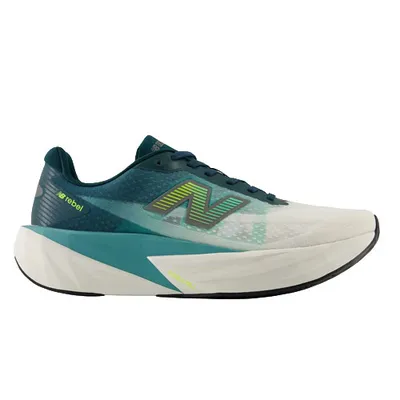 A New Balance running shoe with a teal and white color scheme, featuring the \“FuelCell\“ midsole for enhanced cushioning and the signature \“N\“ logo on the side.