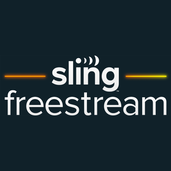 Sling FreeStream logo with white text on a black background, accented by orange-yellow gradient lines.
