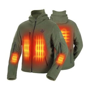 A heated full-zip sweatshirt in olive green, featuring visible heating elements on the chest, back, and sleeves. It has multiple zippered pockets and a hood, designed for warmth and utility.