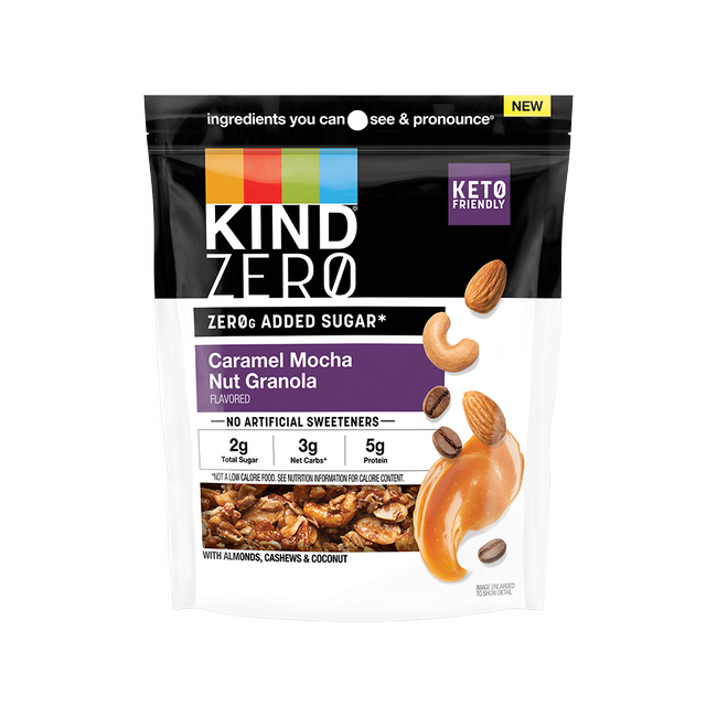 Caramel Mocha Nut Granola by KIND ZERO with no added sugar and keto-friendly, containing almonds, cashews, and coconut.