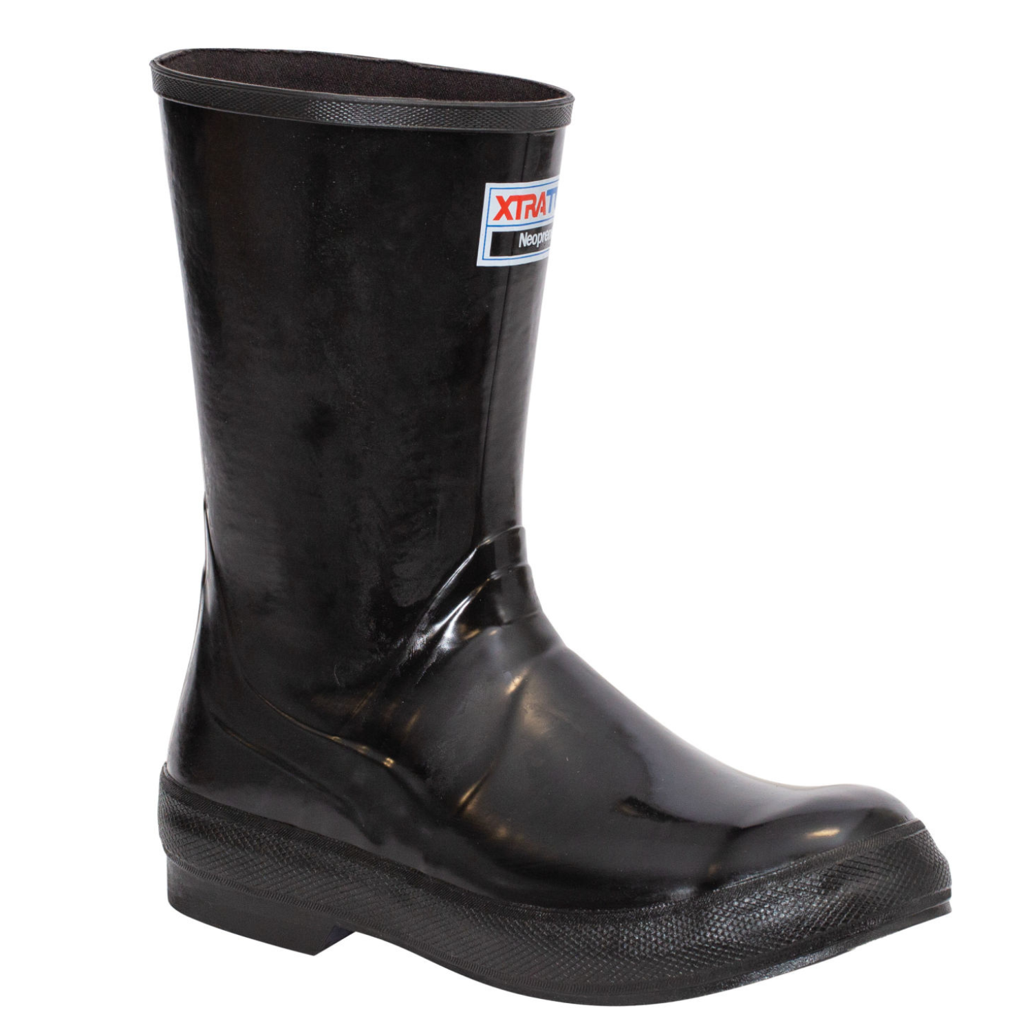 Xtratuf Men's 12\“ Legacy Boots are black, waterproof, and made of neoprene for durability and comfort, featuring non-slip soles suitable for wet conditions.