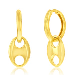 Gold hoop earrings with oval-shaped pendants featuring a modern cutout design.