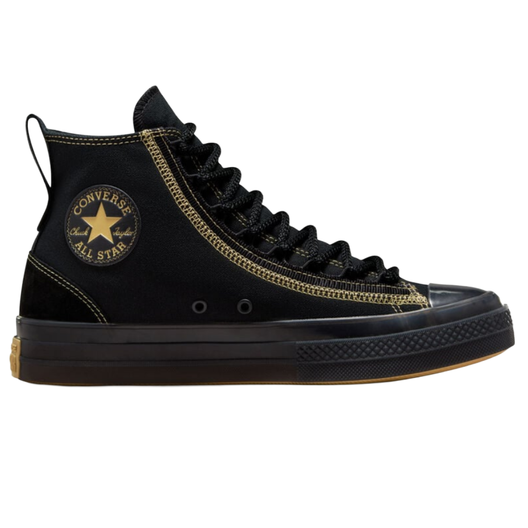 Black Converse Chuck Taylor All Star high-top sneaker with gold stitching, black laces, and gum sole accents featuring the classic logo on the side.