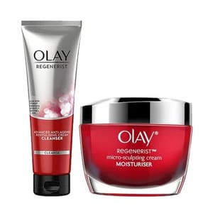Olay Regenerist Moisturizing Set includes an Advanced Anti-Ageing Revitalising Cream Cleanser and a Micro-Sculpting Cream Moisturiser, both designed for skincare and anti-aging benefits.