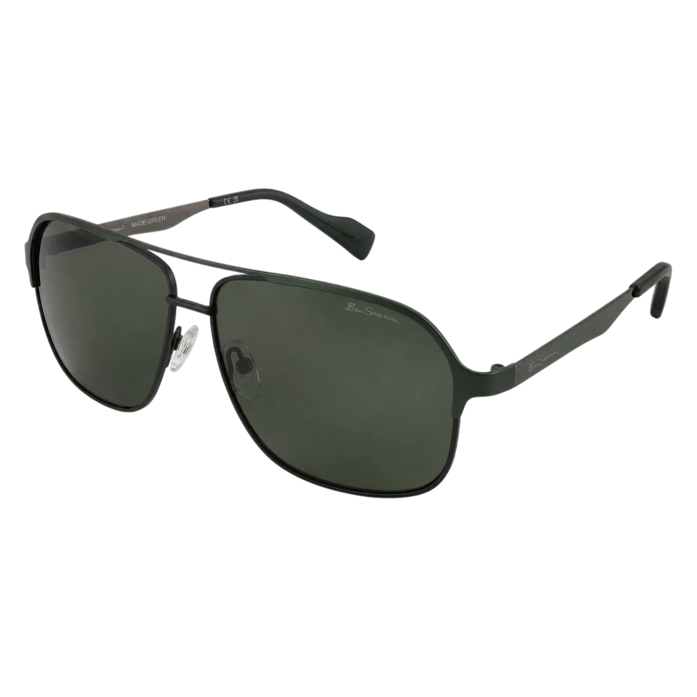 Ben Sherman sunglasses with green lenses and semi-rimless metal frame, featuring adjustable nose pads for comfort.