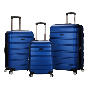 Three blue hard-shell suitcases with spinner wheels and telescopic handles, shown in small, medium, and large sizes.