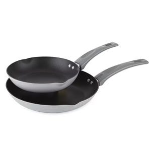 Two non-stick aluminum frying pans with stainless steel handles, one larger than the other, are placed next to each other on a white background.