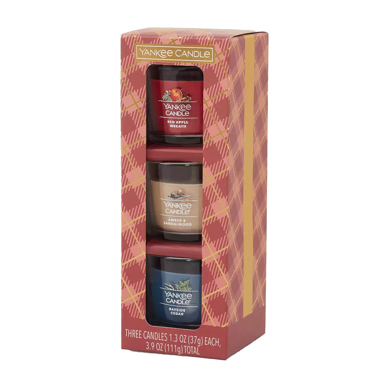 Yankee Candle gift set with three 1.3 oz candles featuring scents: Red Apple Wreath, Amber & Sandalwood, and Bayside Cedar.
