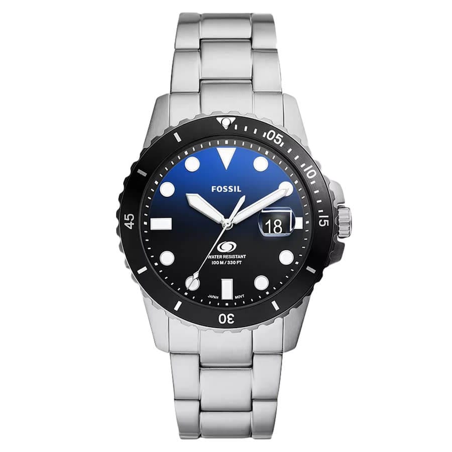 Fossil Men's Watch with a stainless steel bracelet, black bezel, and blue gradient dial featuring white markers and luminous hands. It is water resistant up to 100 meters and displays the date at the 3 o'clock position.
