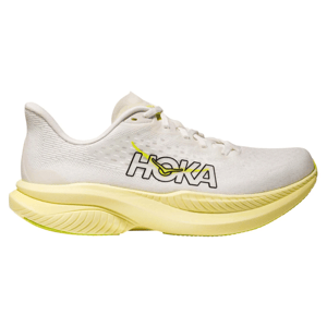 Hoka running shoe with white and light yellow design, featuring a cushioned sole and black outlined logo on the side.