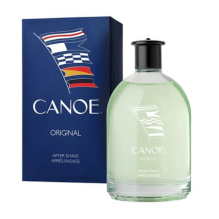 Canoe Original After Shave includes a light green liquid in a transparent bottle with a black cap, accompanied by a blue box featuring nautical flags.
