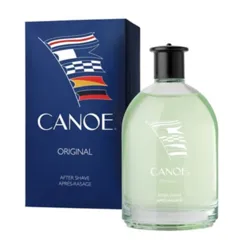 Canoe Original After Shave includes a light green liquid in a transparent bottle with a black cap, accompanied by a blue box featuring nautical flags.