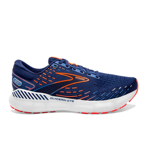 Blue Brooks Glycerin GTS running shoe with an orange and blue design, featuring a cushioned white midsole labeled \“Glycerin GTS\“ and a red outsole for enhanced stability and support.
