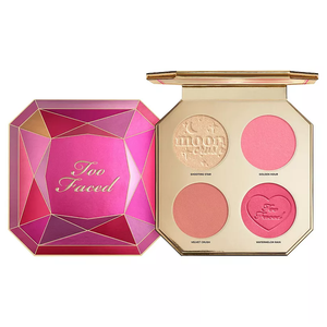 Too Faced Blush & Highlighter Palette features a geometric pink compact with four shades: Shooting Star (highlighter), Golden Hour (blush), Velvet Crush (blush), and Watermelon Rain (blush), offering versatile options for highlighting and adding color.