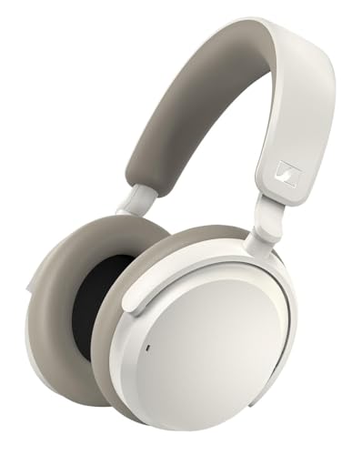 White over-ear headphones with a gray headband and ear cushions, featuring a simple design with visible Sennheiser branding on the side.