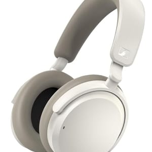 White over-ear headphones with a gray headband and ear cushions, featuring a simple design with visible Sennheiser branding on the side.