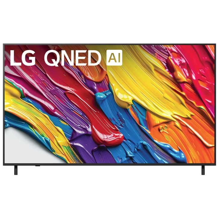 LG QNED AI TV with vibrant paint-like colors displayed on the screen.