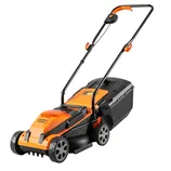 Electric lawn mower with an orange and black design, featuring a push handle, large wheels, and a grass collection box.