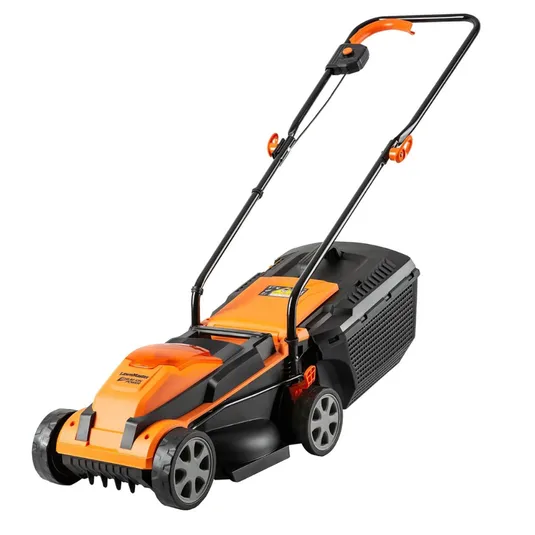 Electric lawn mower with an orange and black design, featuring a push handle, large wheels, and a grass collection box.