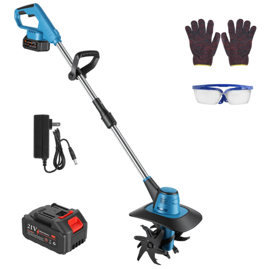 A cordless electric tiller with a 21V battery, charger, safety gloves, and goggles.