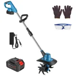 A cordless electric tiller with a 21V battery, charger, safety gloves, and goggles.