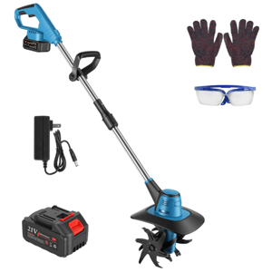 A cordless electric tiller with a 21V battery, charger, safety gloves, and goggles.