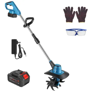 A cordless electric tiller with a 21V battery, charger, safety gloves, and goggles.
