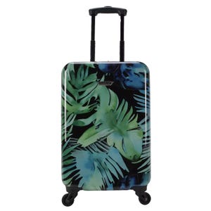 Prodigy 20\“ Hardside Spinner Suitcase features a tropical leaf design in green and blue hues, with a telescopic handle and four 360-degree spinner wheels for easy maneuverability.