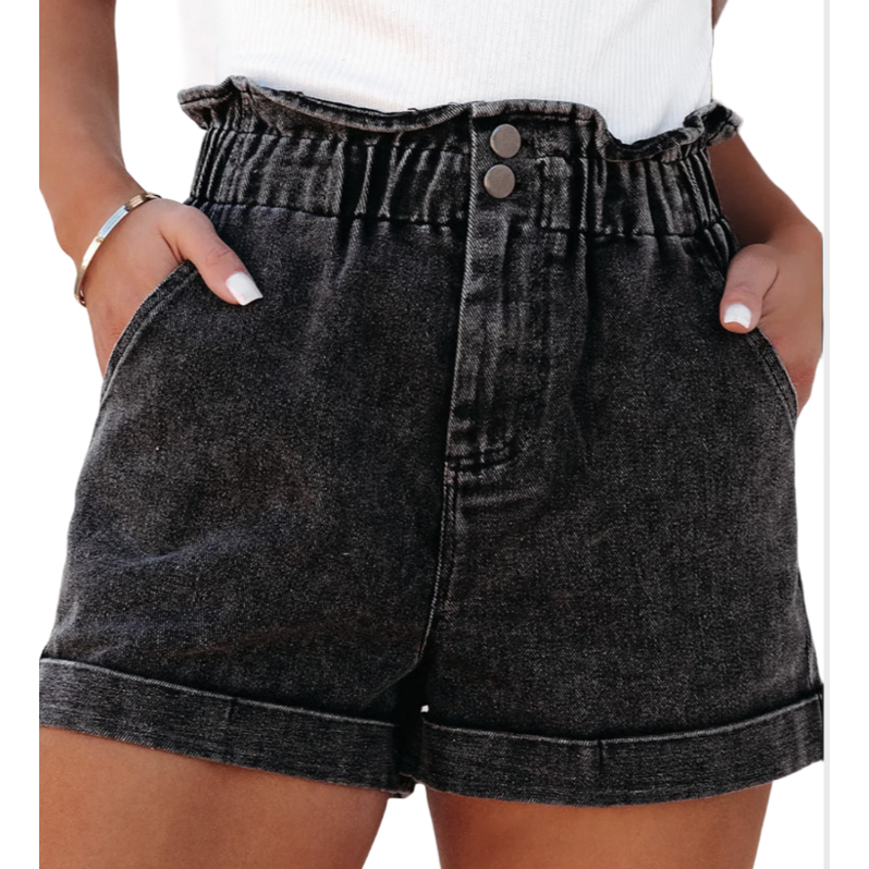 Black, high-waisted denim shorts with a paperbag waist, two front pockets, double button closure, and cuffed hems.