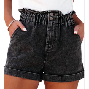 Black, high-waisted denim shorts with a paperbag waist, two front pockets, double button closure, and cuffed hems.