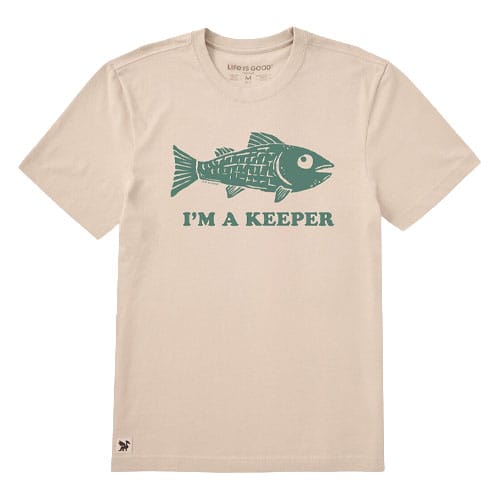 Beige T-shirt featuring a graphic of a fish and the text \“I'M A KEEPER\“ in green.