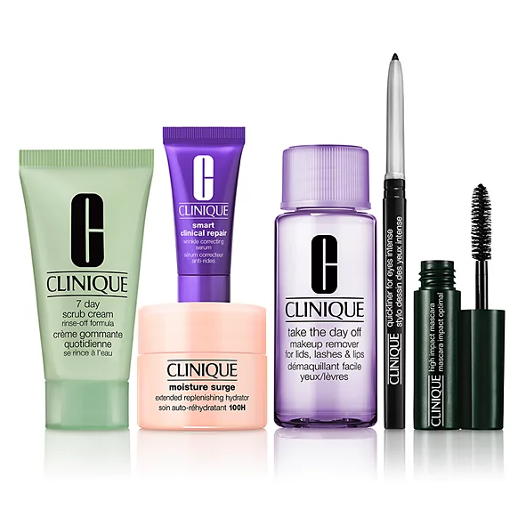 Clinique skincare and makeup set including: 7 Day Scrub Cream, Smart Clinical Repair, Moisture Surge 100H, Take the Day Off Makeup Remover, Quickliner for Eyes Intense, and High Impact Mascara.