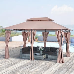 Outdoor patio set with sofa, chairs, and table under a large gazebo with draping curtains.