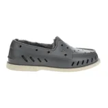 Gray slip-on shoe with a rubber material, featuring ventilation holes and lined with soft, fuzzy fabric for added comfort.