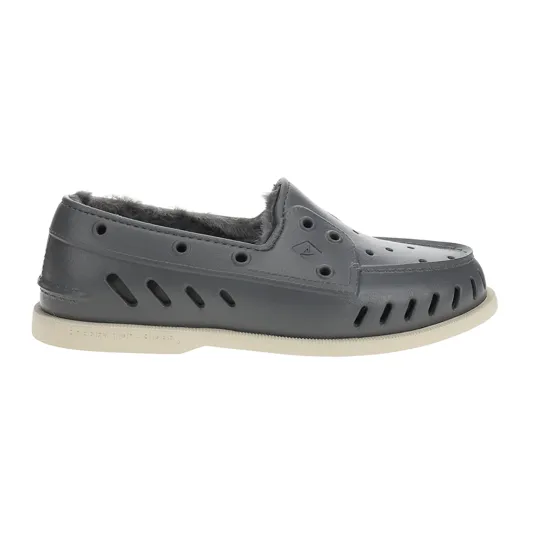 Gray slip-on shoe with a rubber material, featuring ventilation holes and lined with soft, fuzzy fabric for added comfort.