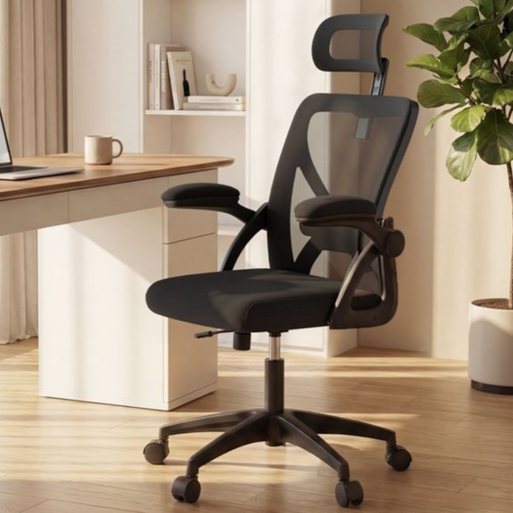 VASAGLE office chair with mesh design and adjustable armrests is placed by a wooden desk featuring a laptop and a lamp, set in a modern office space with light curtains and a potted plant.