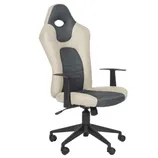 A beige and dark gray ergonomic office chair with a high back design, adjustable armrests, swivel base, and five casters for mobility.